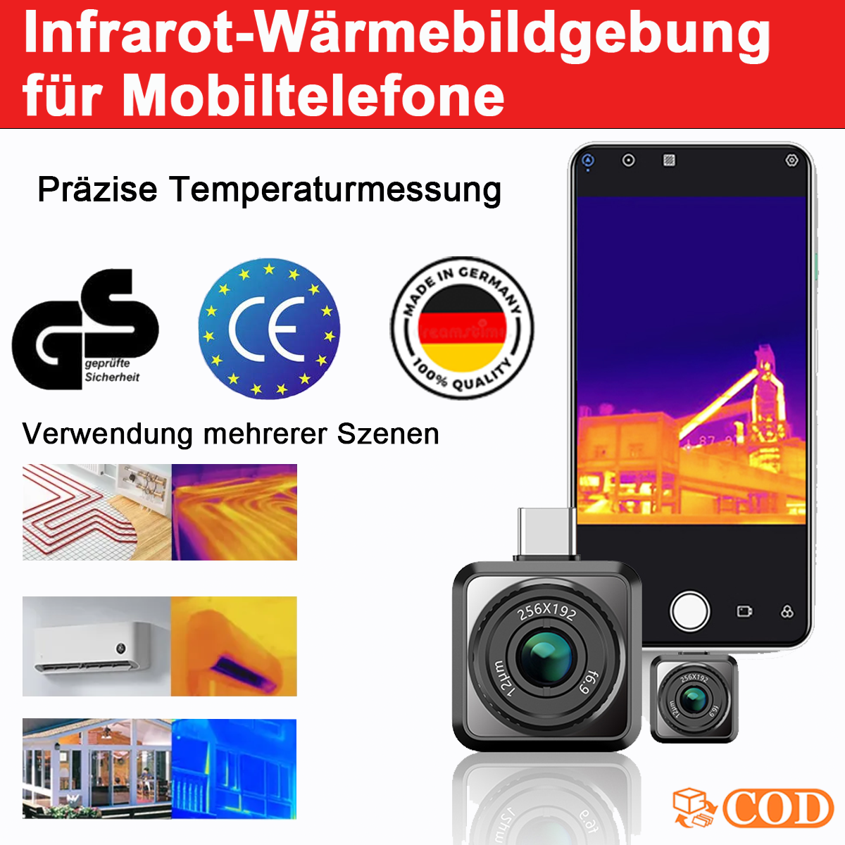 Wärmebildkamera für Mobiltelefone mit hochpräziser Infrarot-Thermografie, einstellbarem Fokus, industrieller Qualität und hochauflösender Temperaturmessung