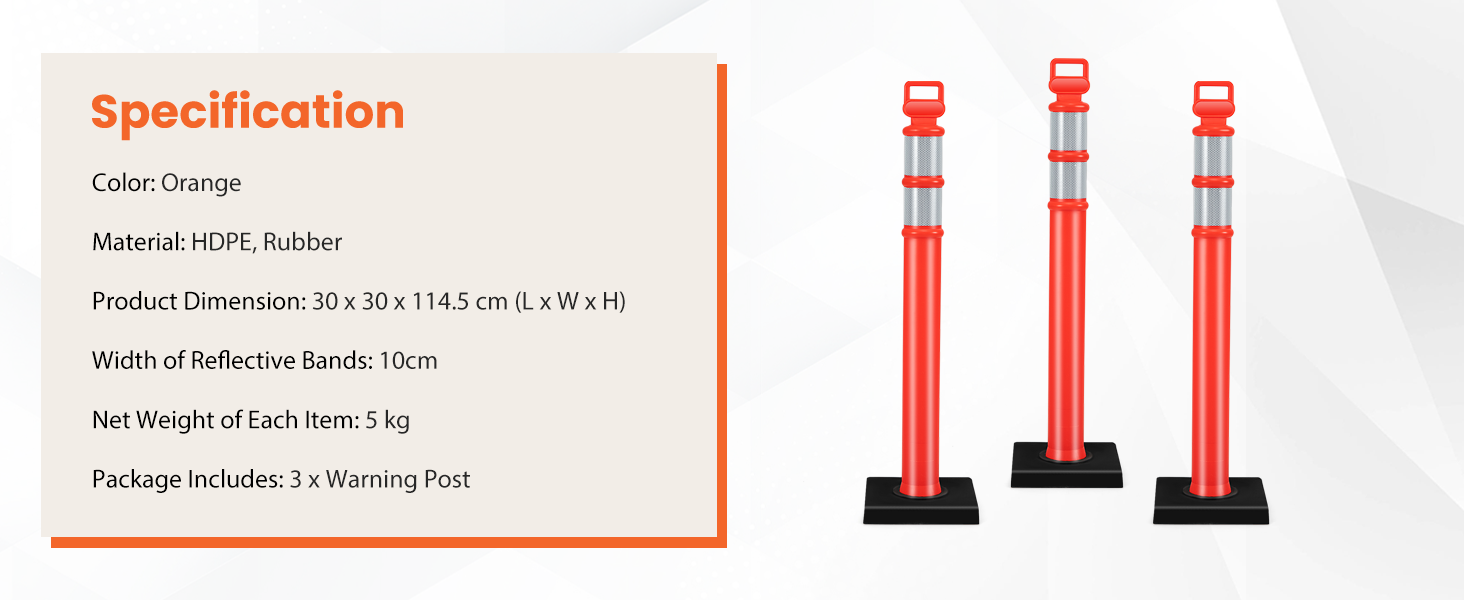 Costway 3 Pack Traffic Delineator Post, 114.5 cm Safety Traffic Barrier with Rubber Base