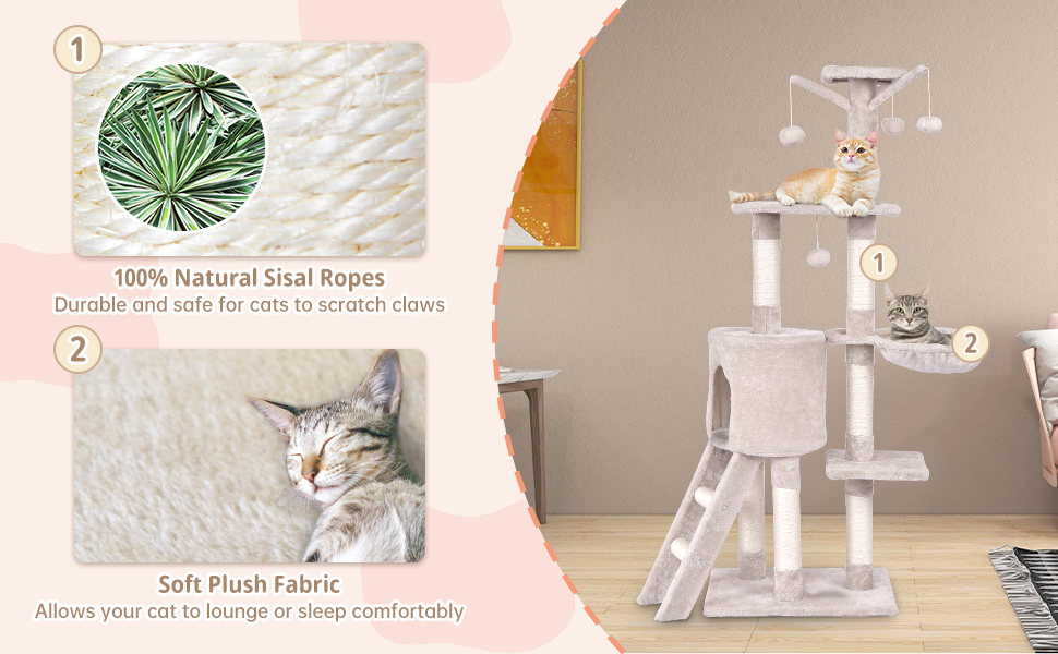 Costway 140 CM Cat Tree Kitten Tower with Scratching Post and Ladder