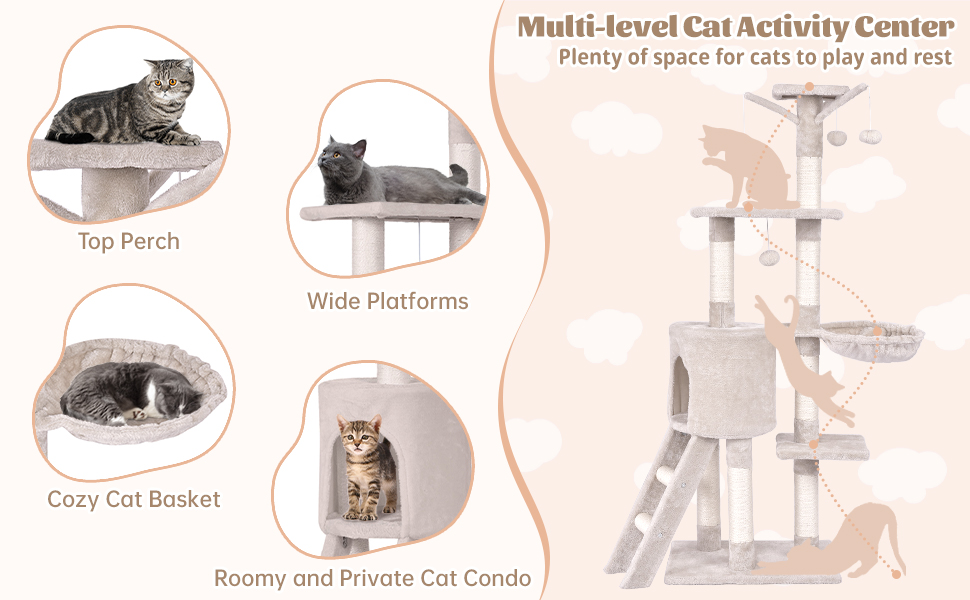 Costway 140 CM Cat Tree Kitten Tower with Scratching Post and Ladder