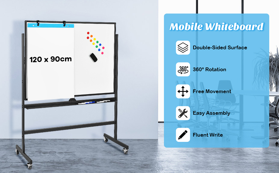 Costway 120cm x 90cm Mobile Magnetic Double-Sized Reversible Whiteboard