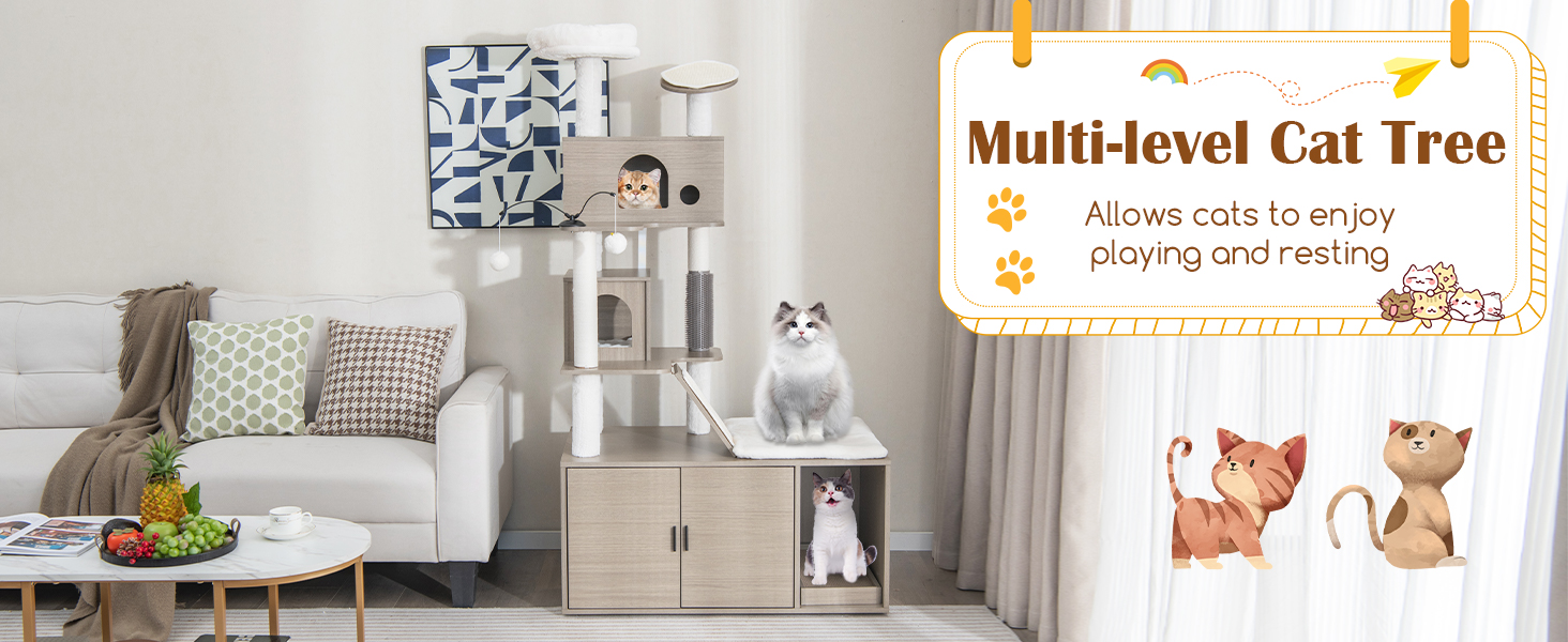 Costway 2 in 1 Cat Tree Litter Box Enclosure, Modern Cat Tower