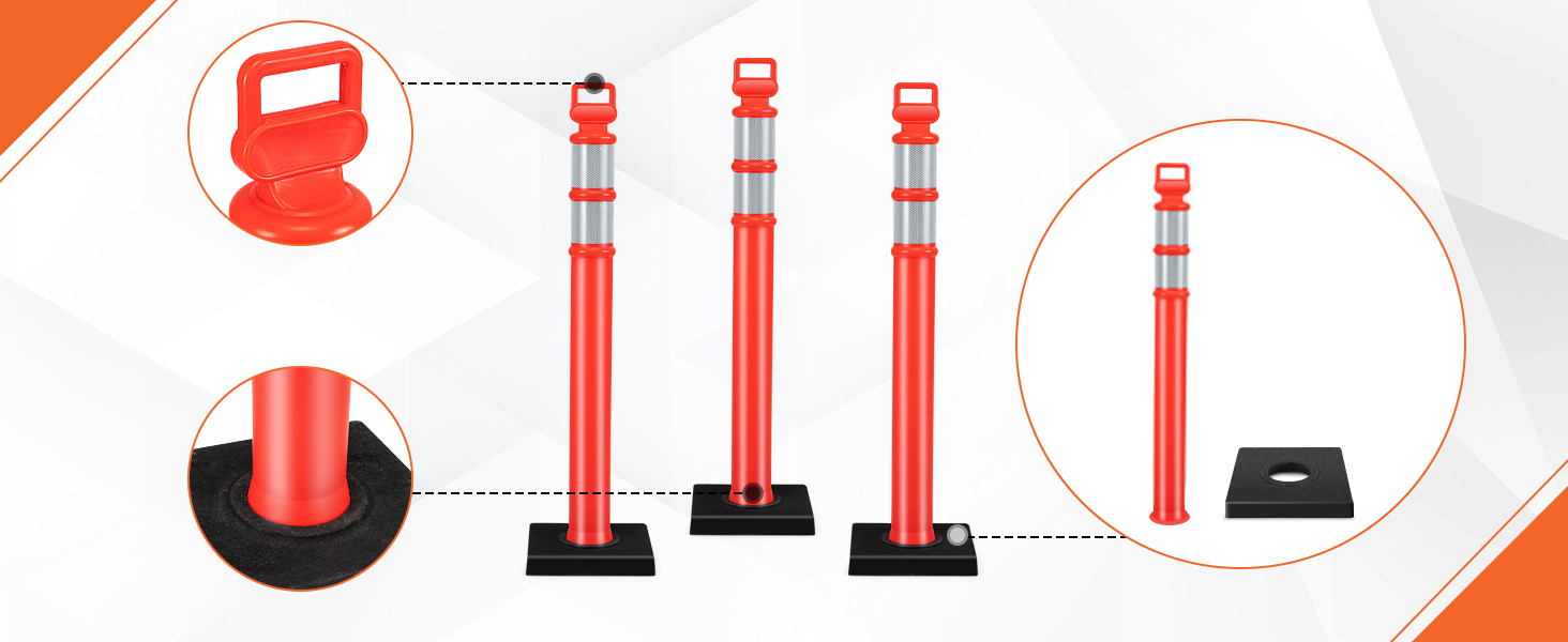 Costway 3 Pack Traffic Delineator Post, 114.5 cm Safety Traffic Barrier with Rubber Base