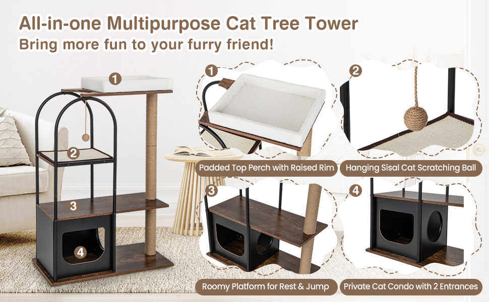 Costway 118 CM Tall Cat Tree Tower w/Metal Frame, Top Perch Cat Bed