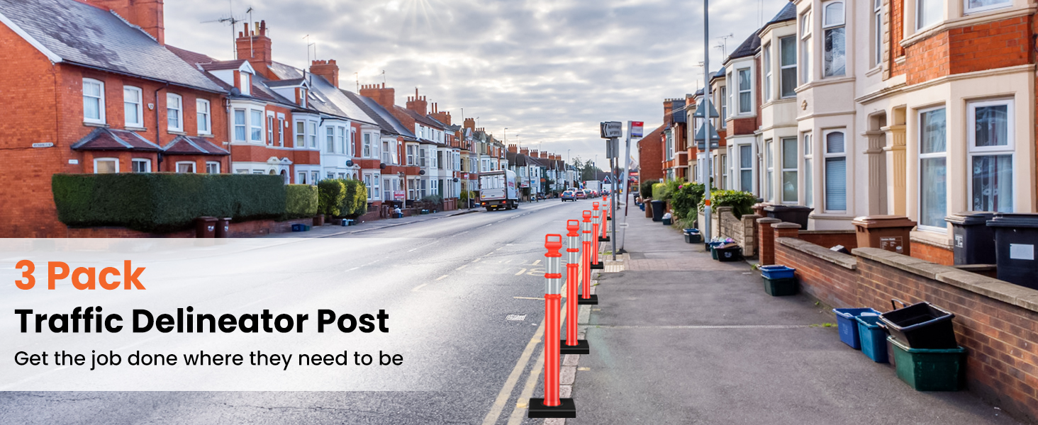 Costway 3 Pack Traffic Delineator Post, 114.5 cm Safety Traffic Barrier with Rubber Base