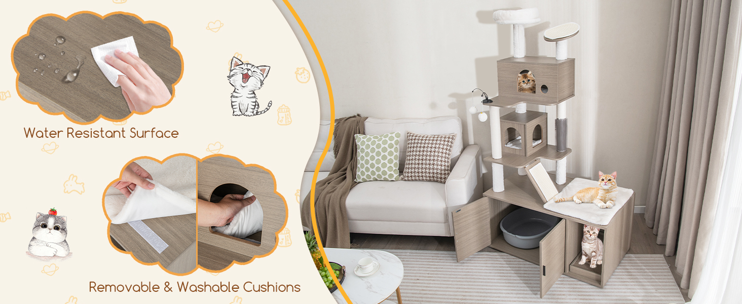 Costway 2 in 1 Cat Tree Litter Box Enclosure, Modern Cat Tower