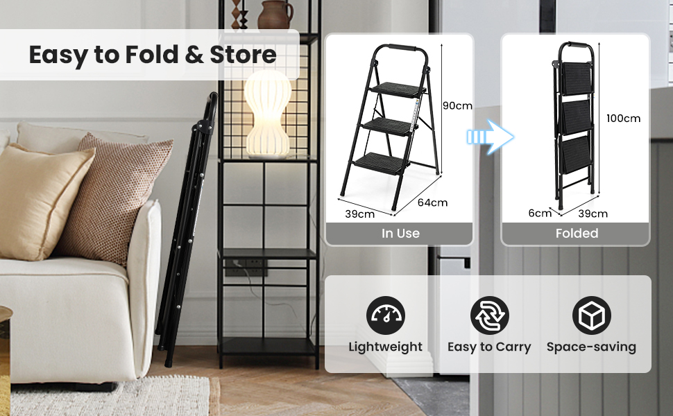 Costway 3 Step Ladder, Folding Step Stool w/ Padded Handgrip & Wide Anti-Slip Pedal