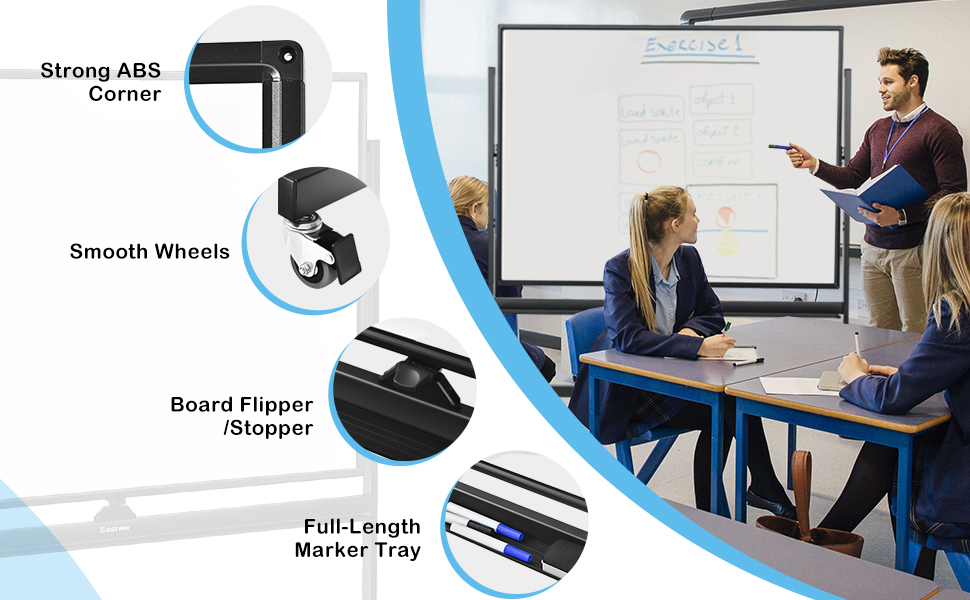Costway 120cm x 90cm Mobile Magnetic Double-Sized Reversible Whiteboard