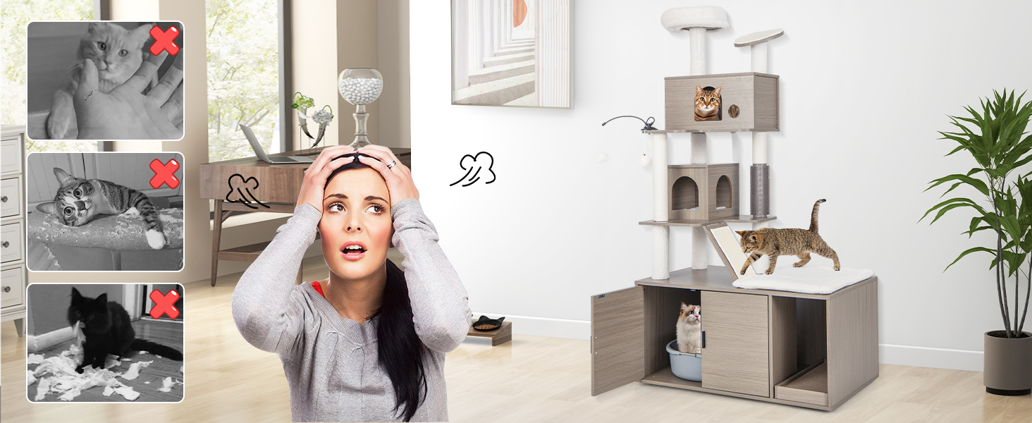Costway 2 in 1 Cat Tree Litter Box Enclosure, Modern Cat Tower
