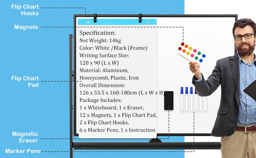 Costway 120cm x 90cm Mobile Magnetic Double-Sized Reversible Whiteboard