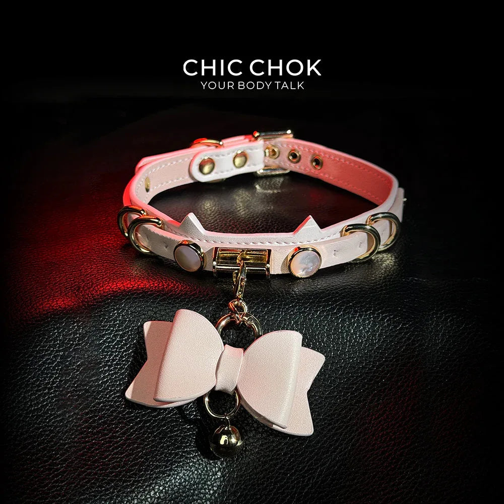 CHIC CHOK [Pearlescent kitty] Moon's Favor Pink Pearl Bow Necklace - CHICCHOK