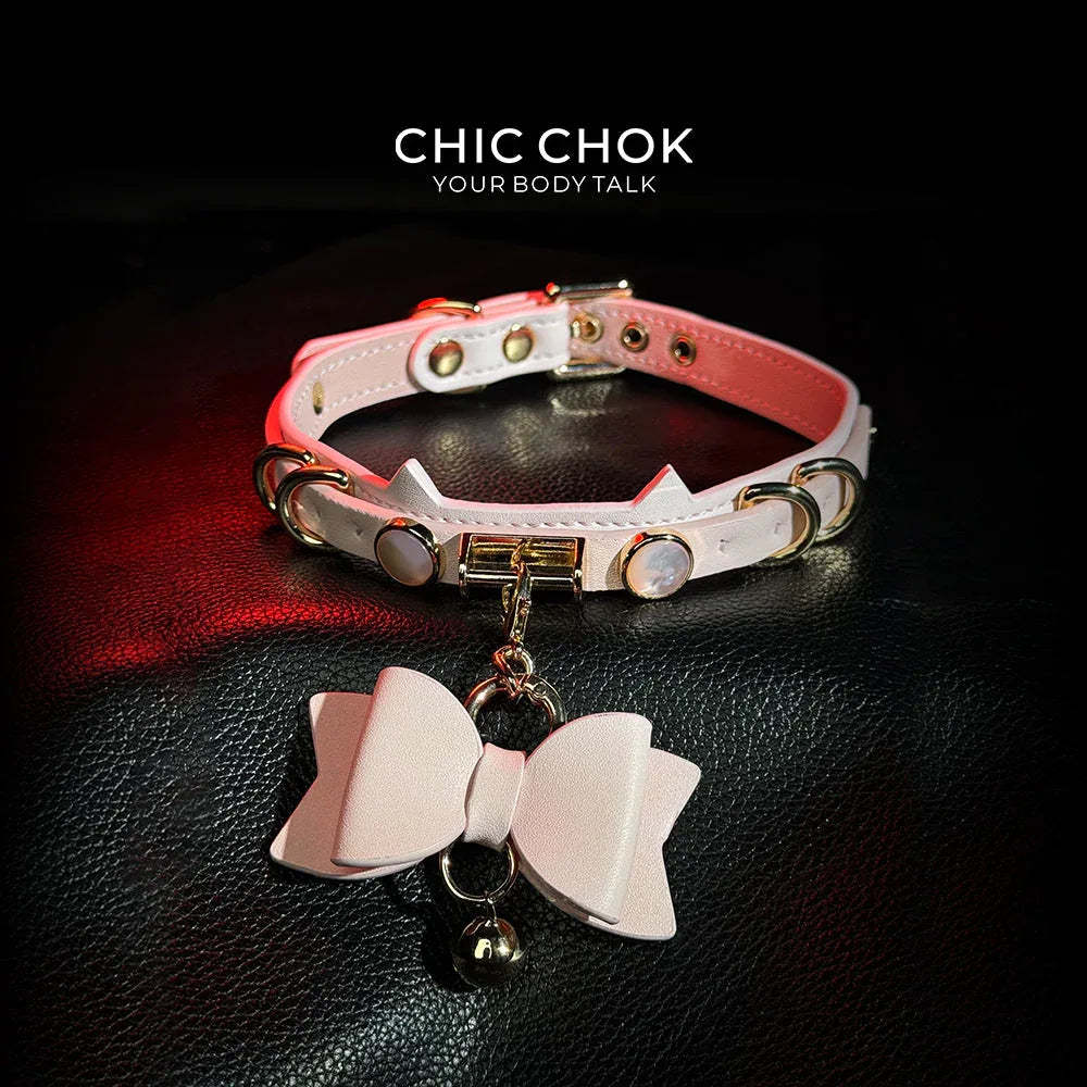 CHIC CHOK [Pearlescent kitty] Moon's Favor Pink Pearl Bow Necklace - CHICCHOK