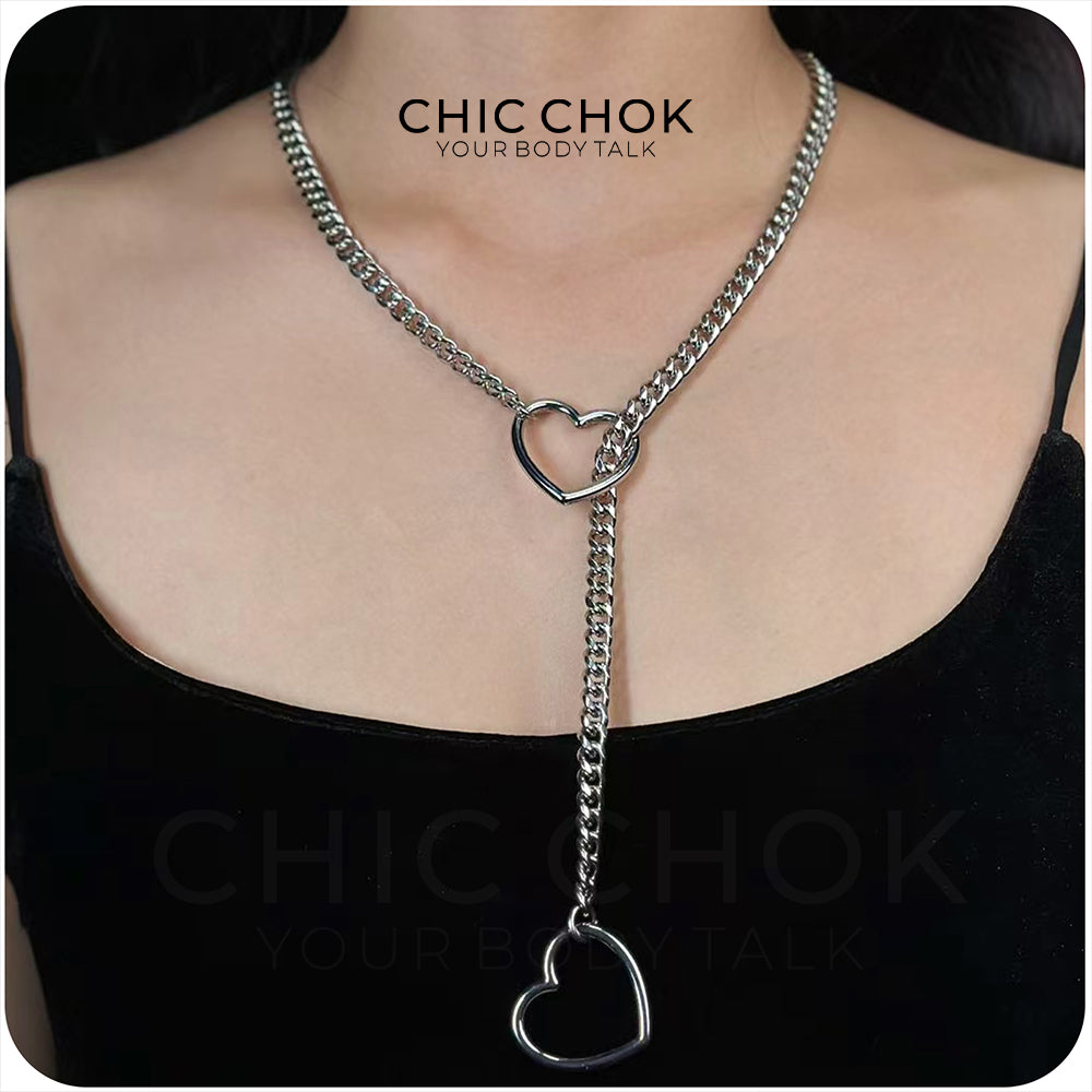 Heart O-Ring Slip Chain Necklace Punk Rock Stainless Steel Cuban Y-Nec