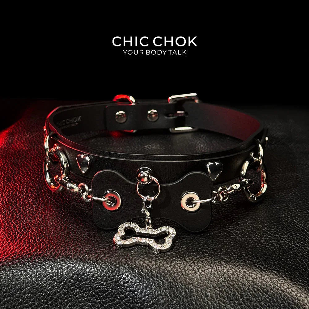 CHICCHOK [Puppy Love] Fashion Cute and Lovely Style, Shiny Bone Shape Pendant Daily Wear Leather Necklace Choker slipchaincollarwomen - CHICCHOK