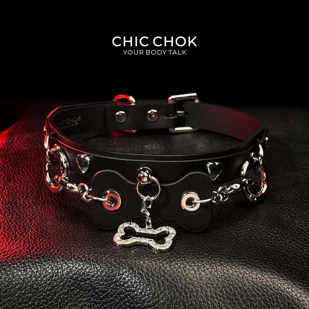 CHICCHOK [Puppy Love] Fashion Cute and Lovely Style, Shiny Bone Shape Pendant Daily Wear Leather Necklace Choker slipchaincollarwomen - CHICCHOK