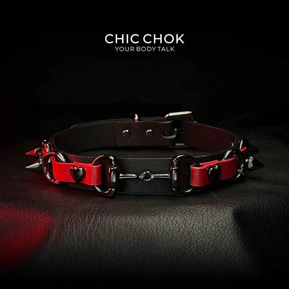 CHICCHOK [Mysterious Queen] Red&Black Spikes Stylish Leather Choker - CHICCHOK