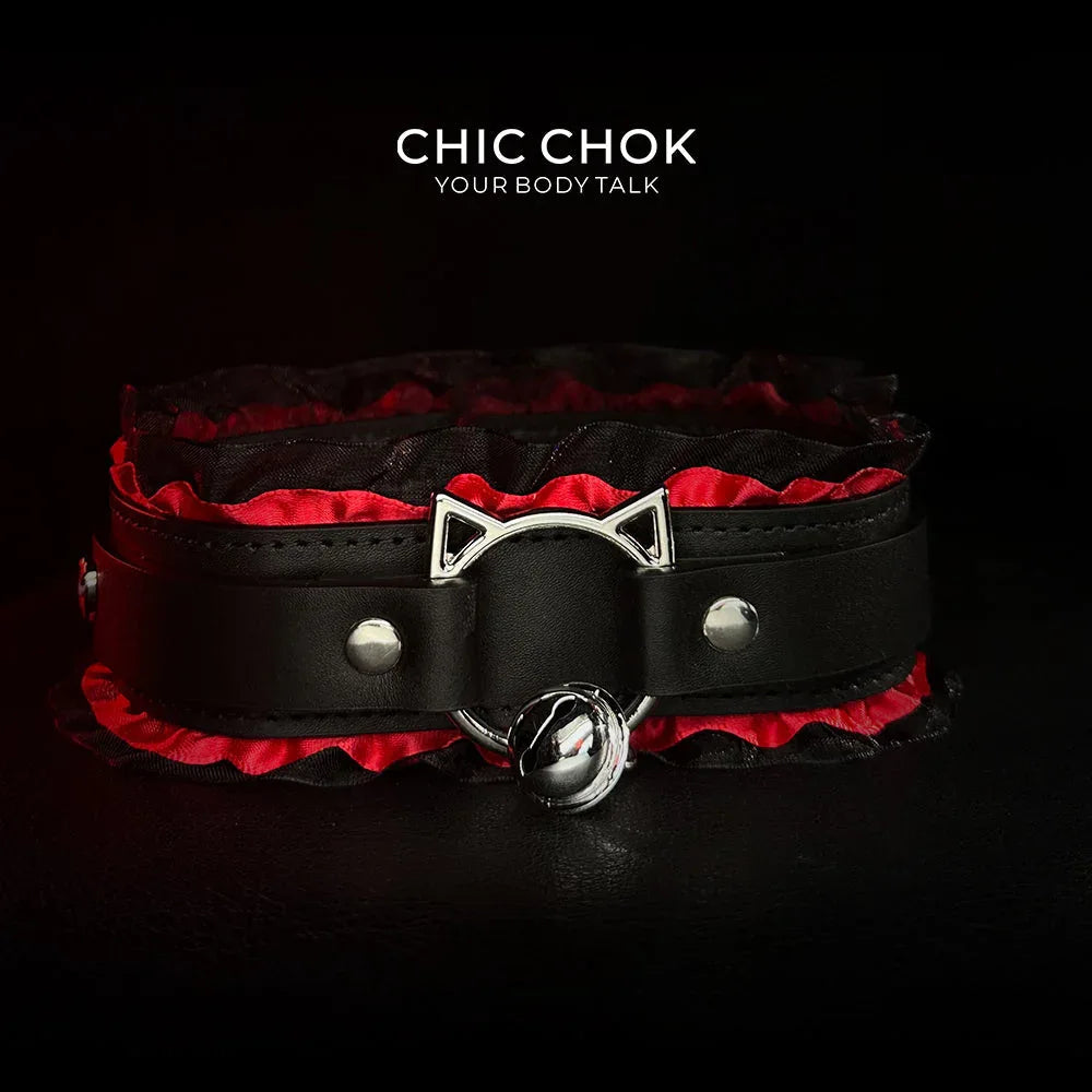 CHICCHOK [Kitty Love] Kitty Themed Cute Lovely Leather Lace with Bell Adjustable Choker - CHICCHOK