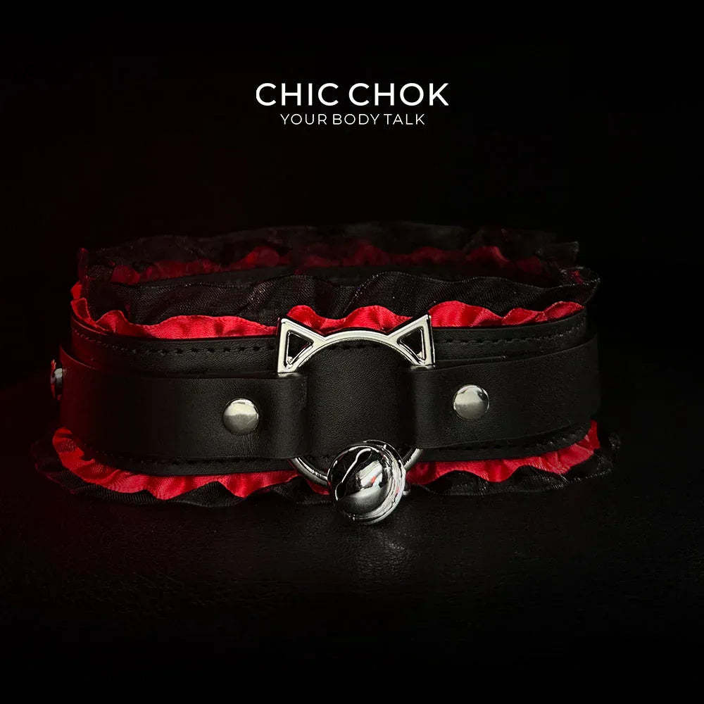 CHICCHOK [Kitty Love] Kitty Themed Cute Lovely Leather Lace with Bell Adjustable Choker - CHICCHOK