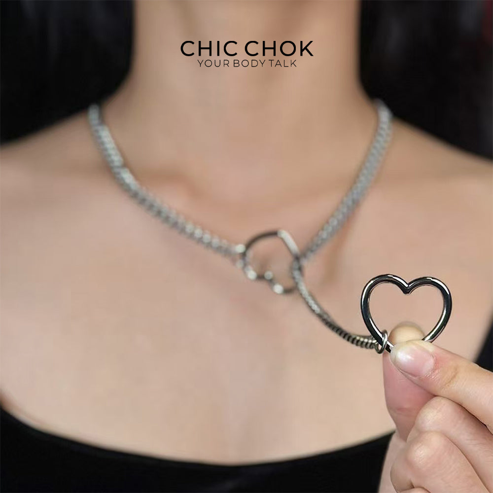 Heart O-Ring Slip Chain Necklace Punk Rock Stainless Steel Cuban Y-Necklace