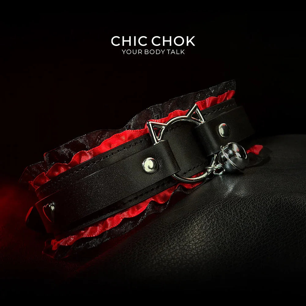 CHICCHOK [Kitty Love] Kitty Themed Cute Lovely Leather Lace with Bell Adjustable Choker - CHICCHOK