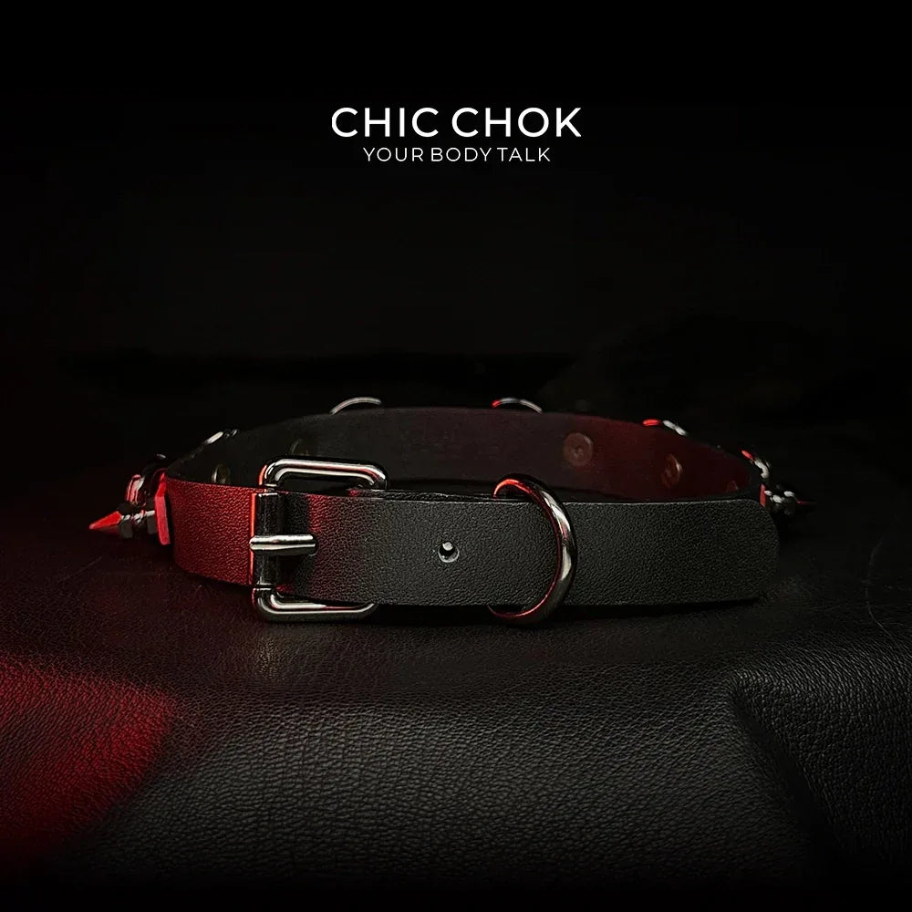 CHICCHOK [Mysterious Queen] Red&Black Spikes Stylish Leather Choker - CHICCHOK