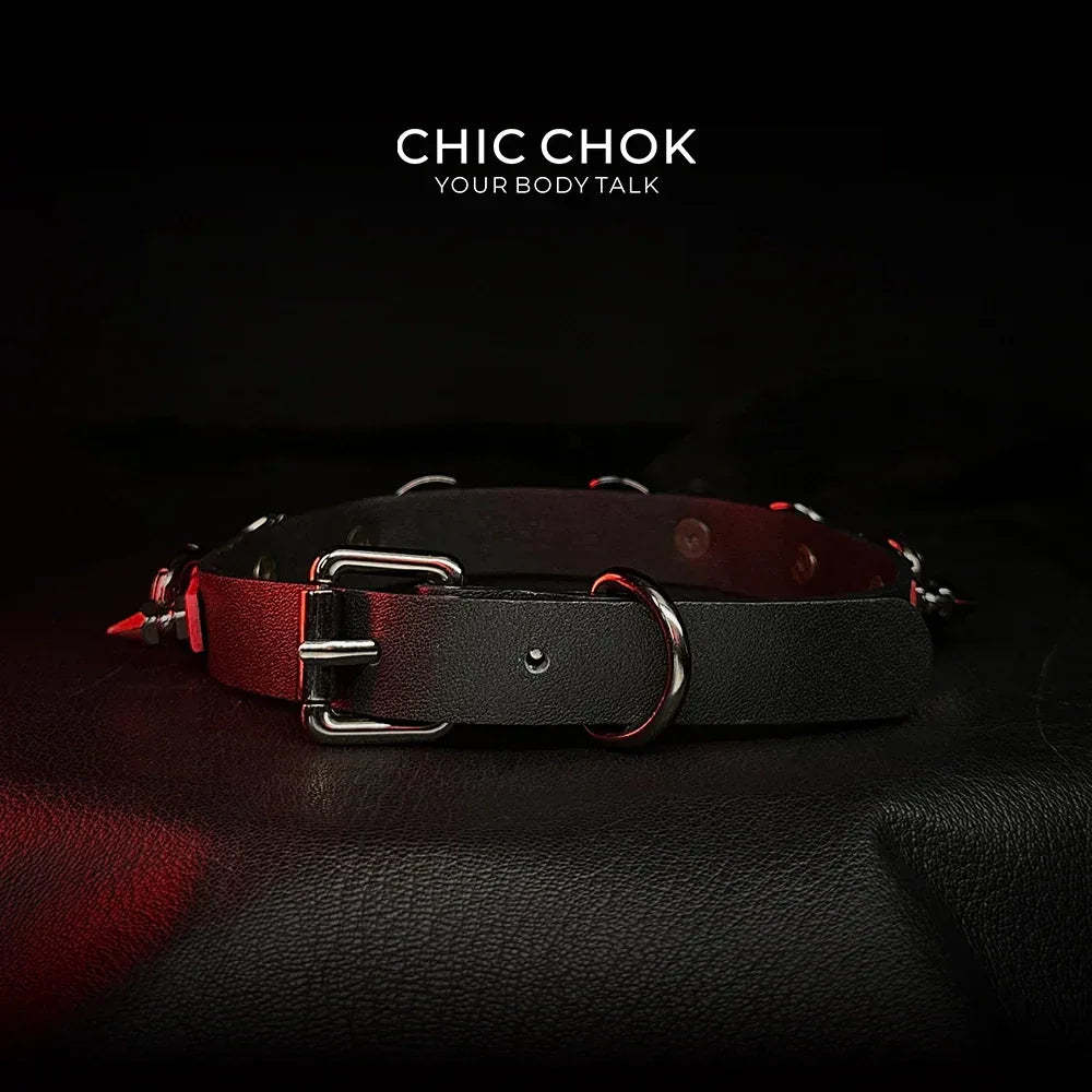 CHICCHOK [Mysterious Queen] Red&Black Spikes Stylish Leather Choker - CHICCHOK