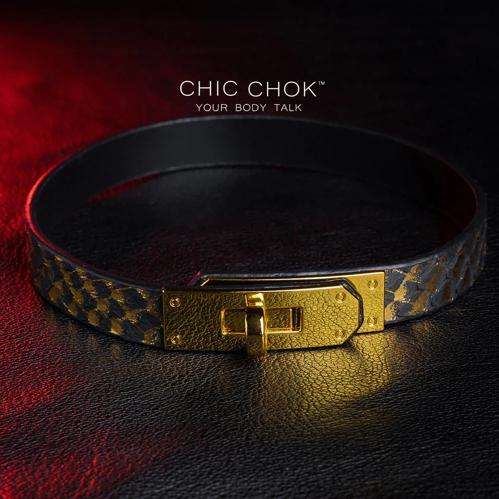 CHICCHOK [Dark Romance] - Black and Gold Python Classic Front Closure Non-adjustable Fashion Choker - CHICCHOK