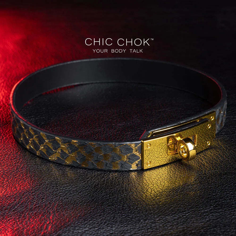 CHICCHOK [Dark Romance] - Black and Gold Python Classic Front Closure Non-adjustable Fashion Choker - CHICCHOK
