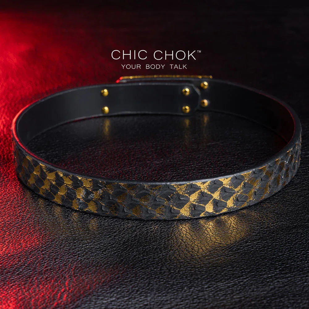 CHICCHOK [Dark Romance] - Black and Gold Python Classic Front Closure Non-adjustable Fashion Choker - CHICCHOK