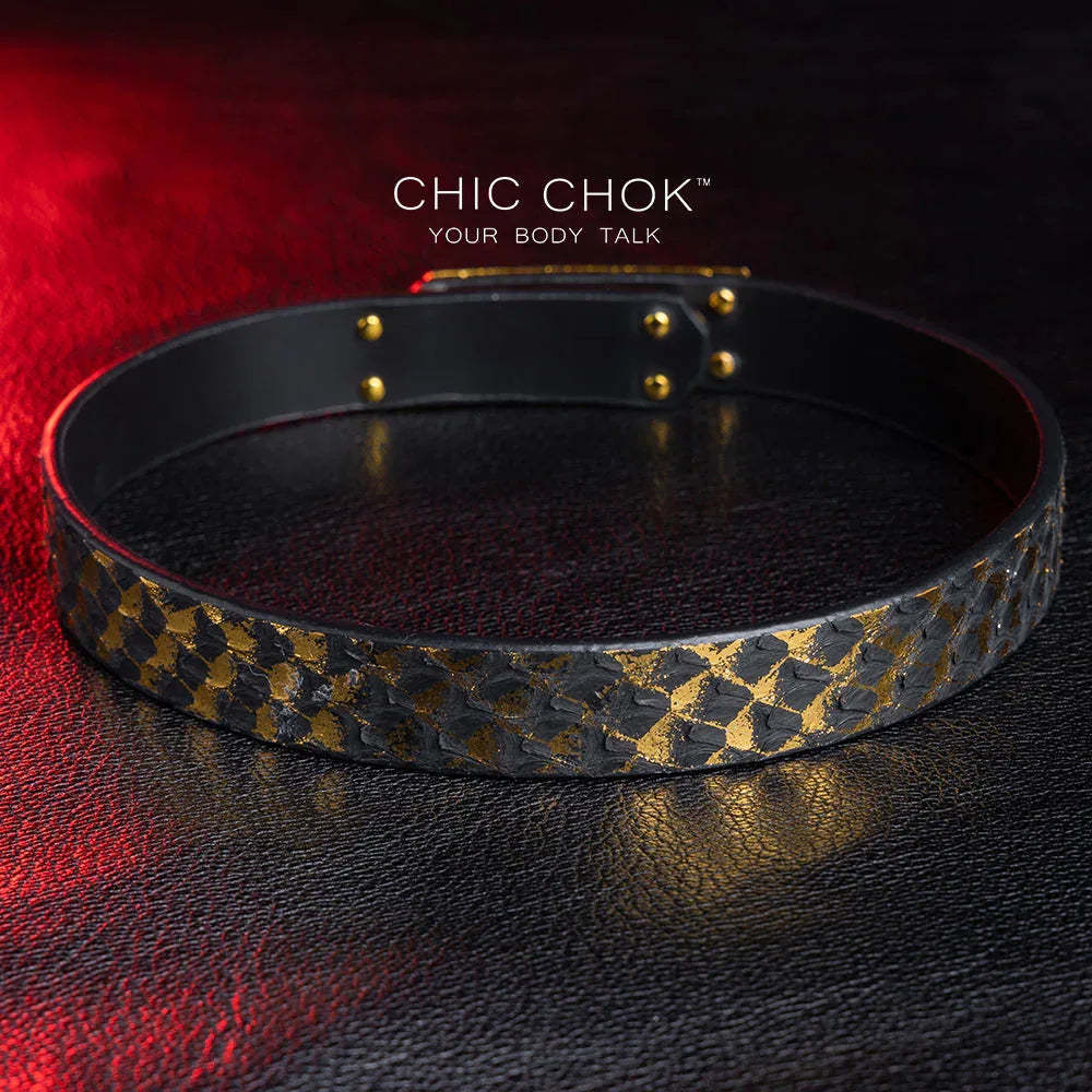 CHICCHOK [Dark Romance] - Black and Gold Python Classic Front Closure Non-adjustable Fashion Choker - CHICCHOK