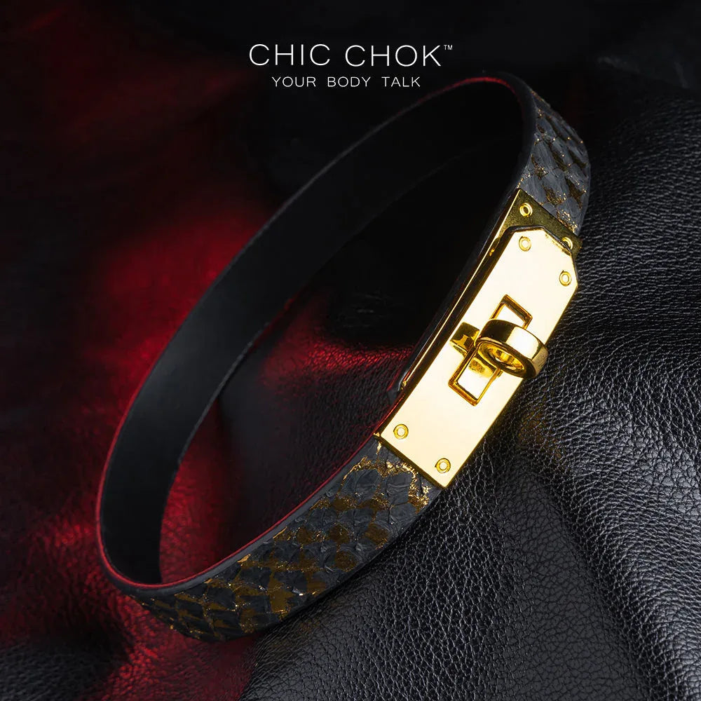 CHICCHOK [Dark Romance] - Black and Gold Python Classic Front Closure Non-adjustable Fashion Choker - CHICCHOK