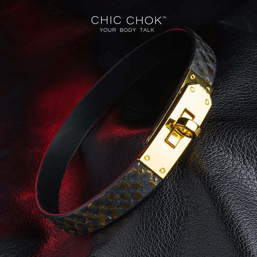CHICCHOK [Dark Romance] - Black and Gold Python Classic Front Closure Non-adjustable Fashion Choker - CHICCHOK