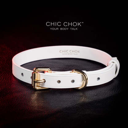 chicchok choker Chic white leather choker with embossed heart patterns and gold metal accents, featuring an adjustable design that blends purity and sophistication for all occasions.
