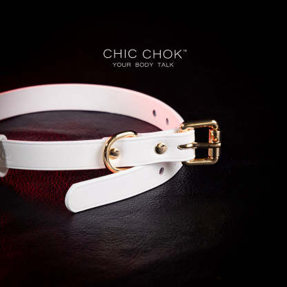 chicchok choker Chic white leather choker with embossed heart patterns and gold metal accents, featuring an adjustable design that blends purity and sophistication for all occasions.