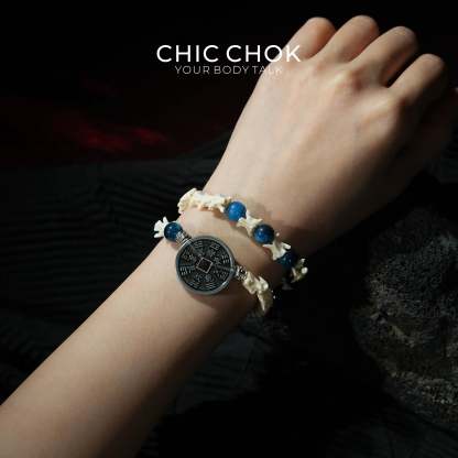 Obsidian Copper Coin Snake Bone Beaded Bracelet - CHICCHOK