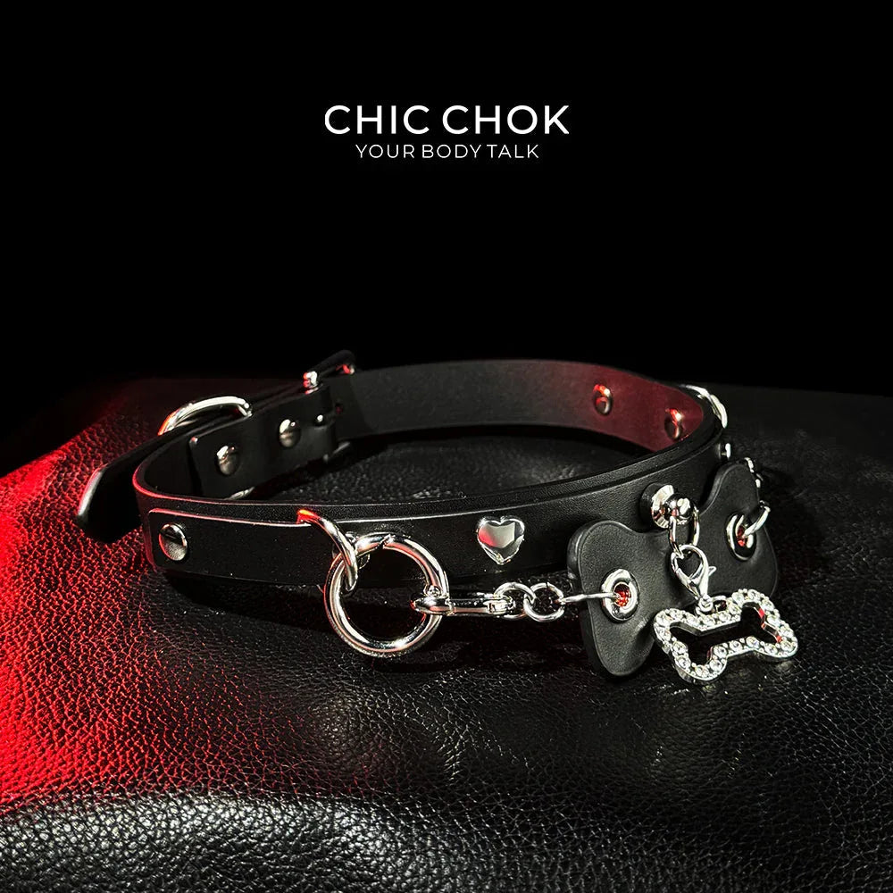 CHICCHOK [Puppy Love] Fashion Cute and Lovely Style, Shiny Bone Shape Pendant Daily Wear Leather Necklace Choker slipchaincollarwomen - CHICCHOK