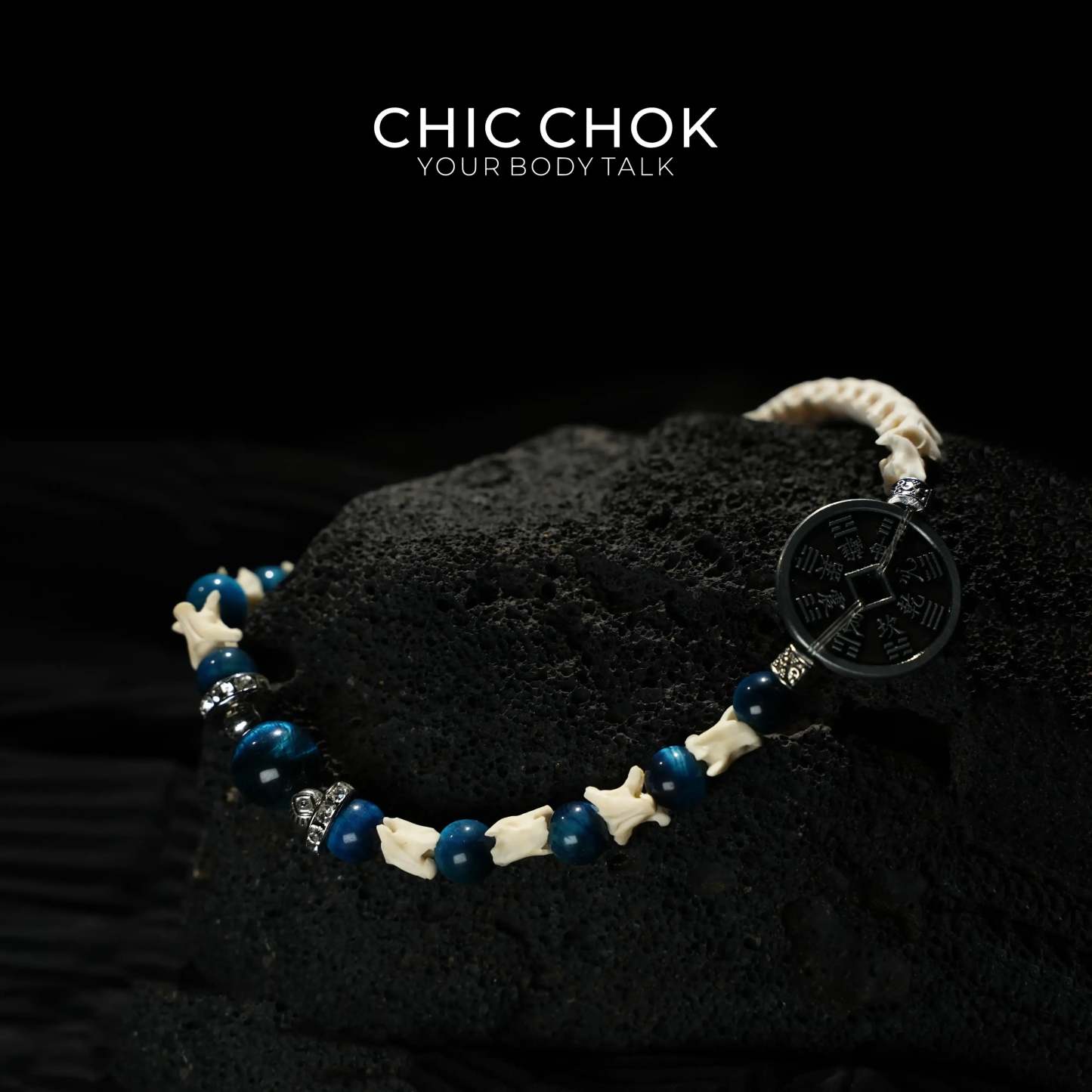 Obsidian Copper Coin Snake Bone Beaded Bracelet - CHICCHOK