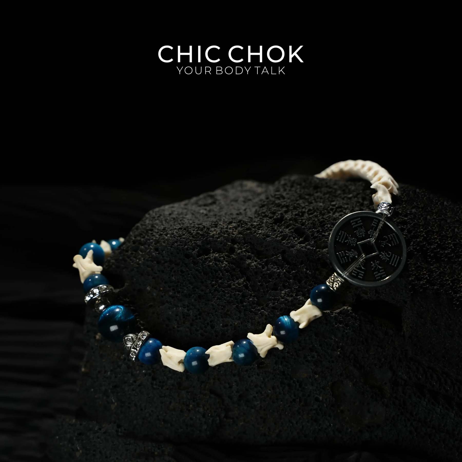 Obsidian Copper Coin Snake Bone Beaded Bracelet - CHICCHOK