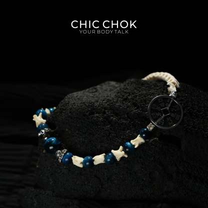 Obsidian Copper Coin Snake Bone Beaded Bracelet - CHICCHOK