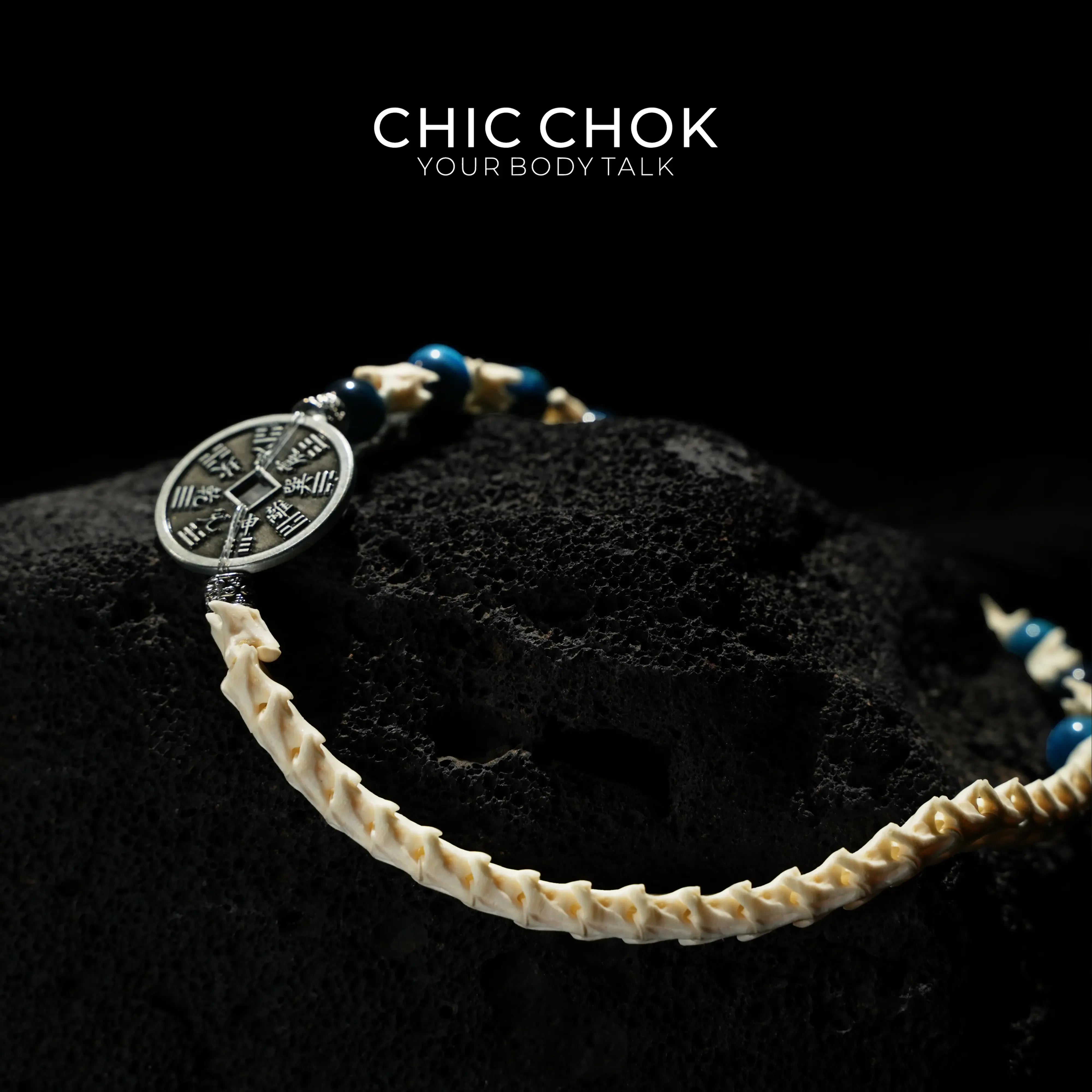 Obsidian Copper Coin Snake Bone Beaded Bracelet - CHICCHOK