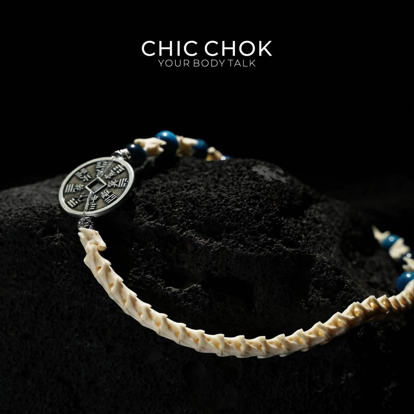 Obsidian Copper Coin Snake Bone Beaded Bracelet - CHICCHOK