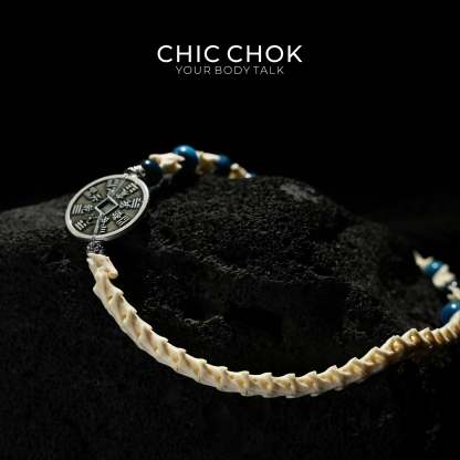 Obsidian Copper Coin Snake Bone Beaded Bracelet - CHICCHOK