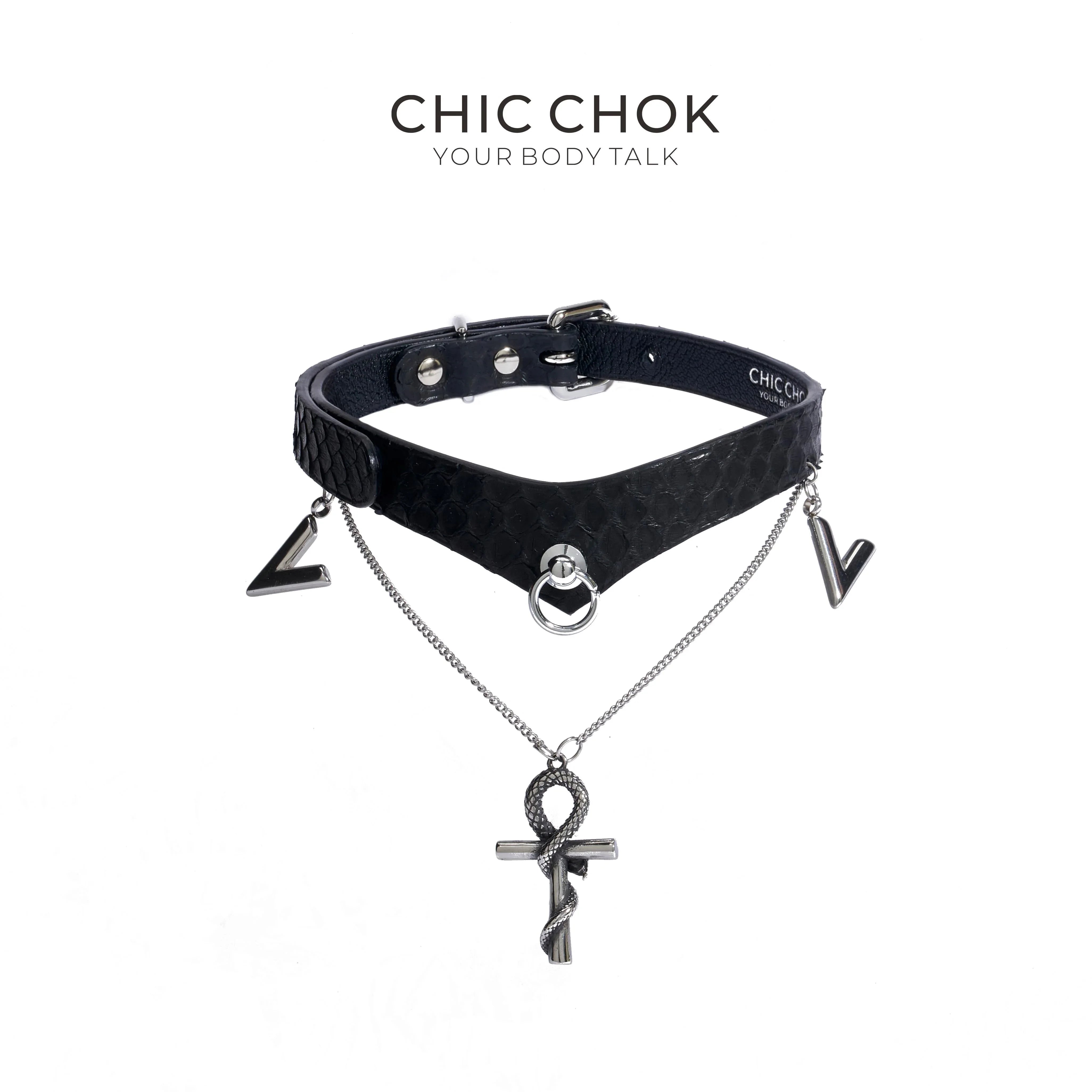 CHICCHOK [Victorian Queen High-end Choker] V-Neck Design, Python Texture, Original Fashion Adjustable Leather Choker Necklace - CHICCHOK