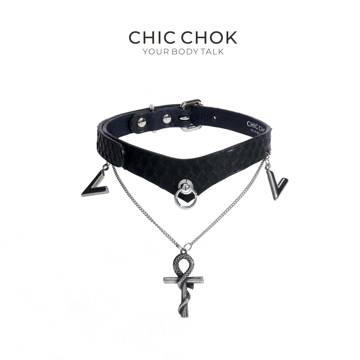 CHICCHOK [Victorian Queen High-end Choker] V-Neck Design, Python Texture, Original Fashion Adjustable Leather Choker Necklace - CHICCHOK