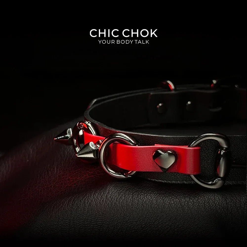 CHICCHOK [Mysterious Queen] Red&Black Spikes Stylish Leather Choker - CHICCHOK