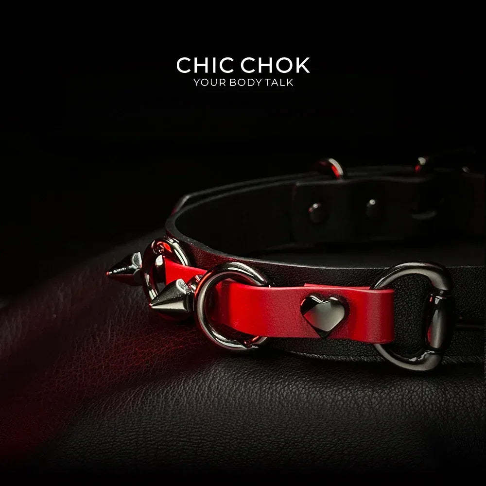 CHICCHOK [Mysterious Queen] Red&Black Spikes Stylish Leather Choker - CHICCHOK