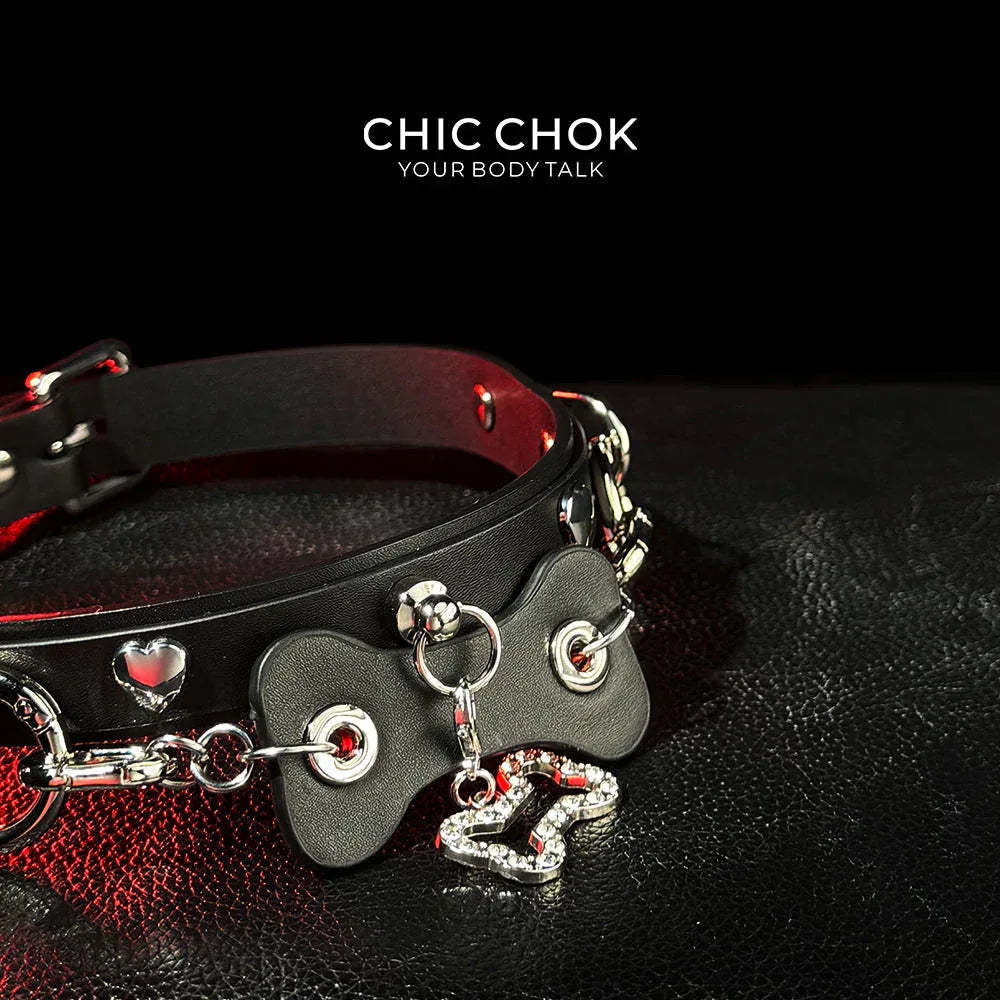 CHICCHOK [Puppy Love] Fashion Cute and Lovely Style, Shiny Bone Shape Pendant Daily Wear Leather Necklace Choker slipchaincollarwomen - CHICCHOK