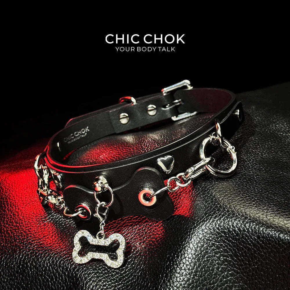 CHICCHOK [Puppy Love] Fashion Cute and Lovely Style, Shiny Bone Shape Pendant Daily Wear Leather Necklace Choker slipchaincollarwomen - CHICCHOK