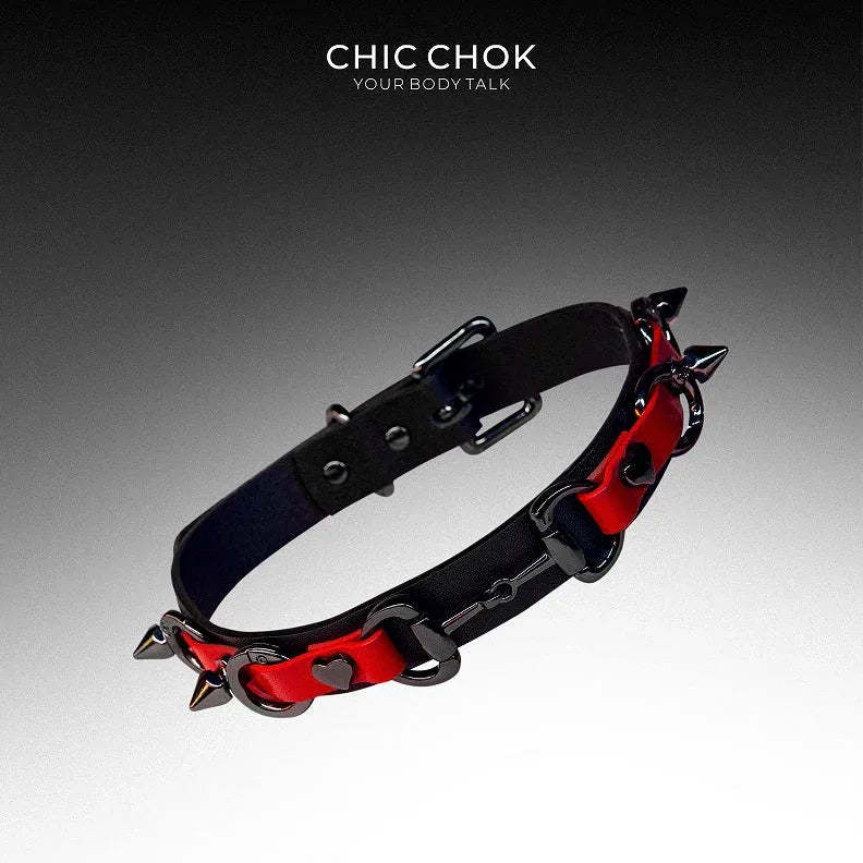CHICCHOK [Mysterious Queen] Red&Black Spikes Stylish Leather Choker - CHICCHOK