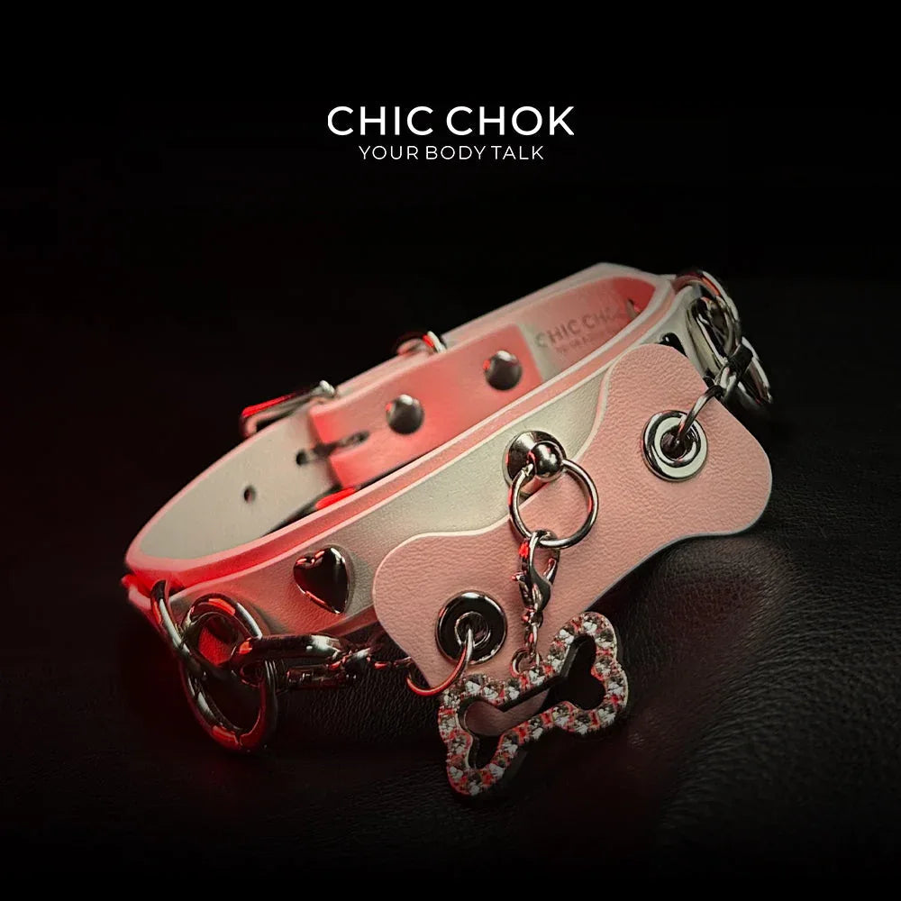 CHICCHOK [Puppy Love] Fashion Cute and Lovely Style, Shiny Bone Shape Pendant Daily Wear Leather Necklace Choker slipchaincollarwomen - CHICCHOK